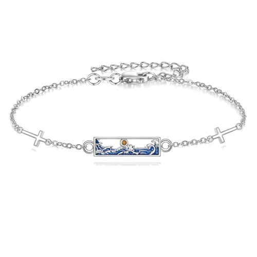 VONALA Senfkorn Fußkettchen für Frauen S925 Sterling Silber Verstellbar Wellen Kreuz Glaube Fußkettchen Christlicher Schmuck Muttertag für Mama (Senfkorn Wellen) von VONALA