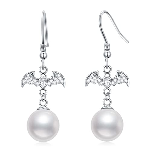 VONALA Fledermaus Perlen Ohrringe 925 Sterling Silber Perlen Hängend Ohrringe Halloween Perle Tropfen Ohrhänger Geschenke für Damen Frauen Mädchen von VONALA