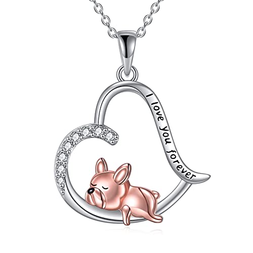 VONALA Französische Bulldogge Faultier Fuchs Anhänger kette, 925 Sterling Silber Halskette Schmuck Geschenk für Damen Mädchen (Französische Bulldogge-Herz) von VONALA