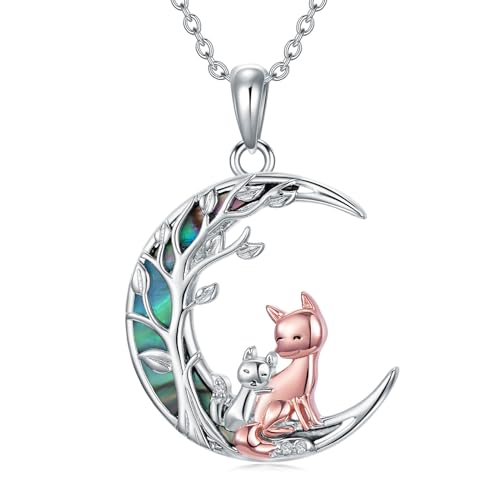 VONALA Fuchs Baum des Lebens Halskette Sterling Silber Fuchs Mutter Kind Mond Anhänger Halskette Abalone Shell Tierschmuck Geschenke für Frauen Mädchen von VONALA