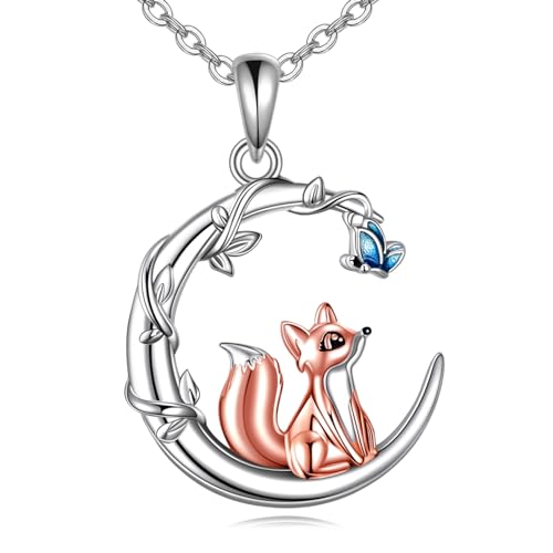VONALA Fuchs Halskette Sterling Silber Blau Schmetterling Halskette Mond Anhänger Fuchs Schmuck Geburtstag Geschenke für Frauen Tierliebhaber von VONALA