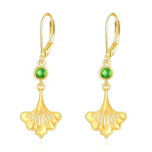 VONALA Ginkgo Blatt 925 Sterling Silber Gold überzogene Ohrringe Leverback Dangle Ohrringe Grün Zirkon Schmuck Geschenke für Frauen Muttertag Weihnachten von VONALA