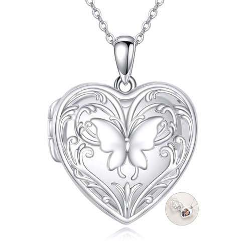 VONALA Herz-Medaillon-Halskette für Damen, Sterlingsilber, hält Bilder, Anhänger-Halskette in personalisiertem, filigranem Schmetterlingsschmuck, Geschenke für Frauen und Mädchen von VONALA