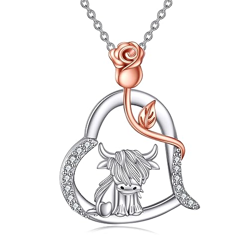 VONALA Hochland Kuh Kette Damen 925 Sterling Silber Herz Anhänger Halskette Schmuck Geburtstagsgeschenke für Kuh Liebhaber Mädchen von VONALA