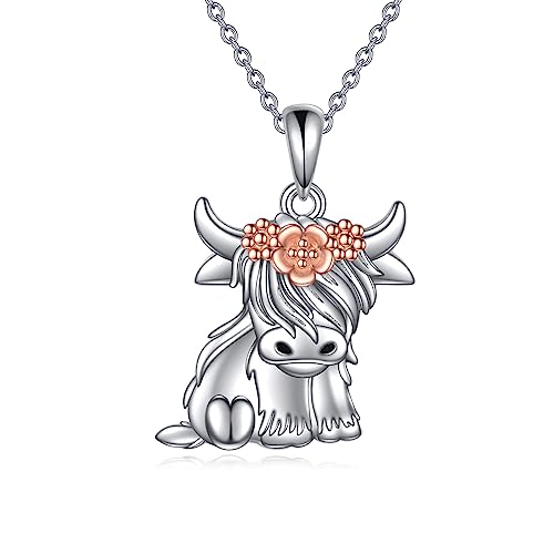 VONALA Highland Kuh Halskette Sterling Silber Schottland Kuh Anhänger Kette Tier Schmuck Geburtstag Geschenke für Damen Frauen Mädchen Tochte von VONALA