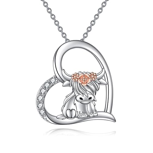 VONALA Hochland Kuh Kette Damen 925 Sterling Silber Herz Anhänger Halskette Schmuck Geburtstagsgeschenke für Kuh Liebhaber von VONALA