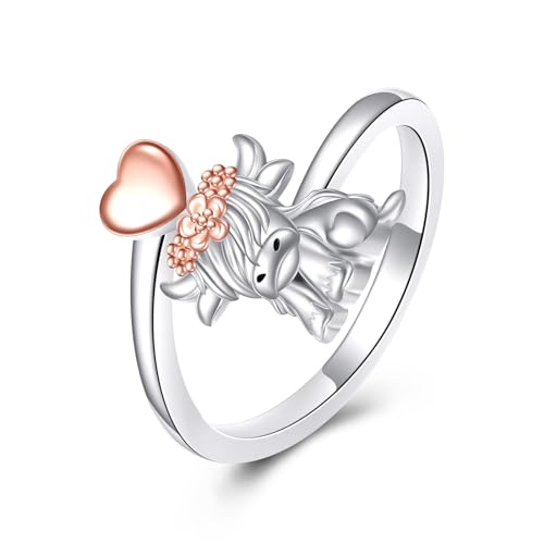VONALA Hochland Kuh Ring 925 Sterling Silber Herz Ring Offen Einstellbare Schmuck Geburtstag Sgeschenke für Damen Mädchen (Hochland Kuh) von VONALA