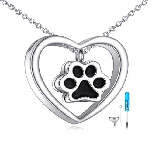 VONALA Hund Urne Halskette für Asche 925 Sterling Silber Haustier Asche Halskette Paw Print Herz Urne Halskette Kremation Schmuck für Haustier Asche Tier Keepsake Memorial Halskette von VONALA