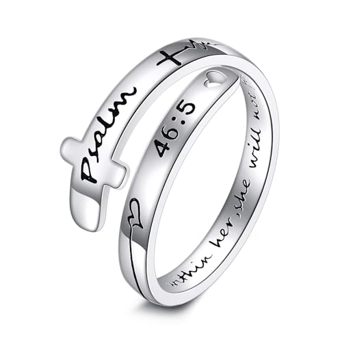 VONALA Inspirierende christliche religiöse Kreuz Ringe 925 Sterling Silber Einstellbare Ring Bibel Verse Psalm 46:5 personalisierte Schmuck Ermutigung Geschenk für Frauen von VONALA