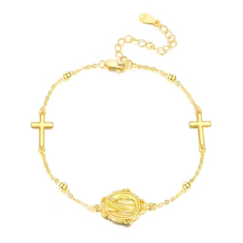 VONALA Jungfrau Maria Gold überzogen 925 Sterling Silber Armband Einstellbare Perle Charm Link Kette Schmuck Geschenk für Frauen Weihnachten Heilige Kommunion von VONALA