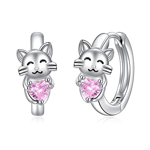 VONALA Katze Creolen Ohrringe, 925 Sterling Silber Katze Schmuck mit Rosa Zirkonia für Damen Mädchen von VONALA