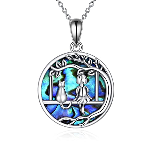 VONALA Katze Halskette für Frauen 925 Sterling Silber Katze und Mädchen Anhänger in Abalone Shell Katze Liebhaber Schmuck Für Mädchen Mutter von VONALA