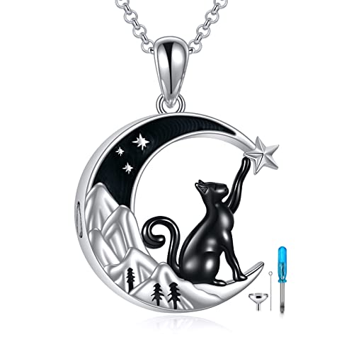 VONALA Katze Urn Anhänger Halskette für Asche, 925 Sterling Silber Mond Berg Schmuck Kette Geschenke für Damen Mädchen von VONALA