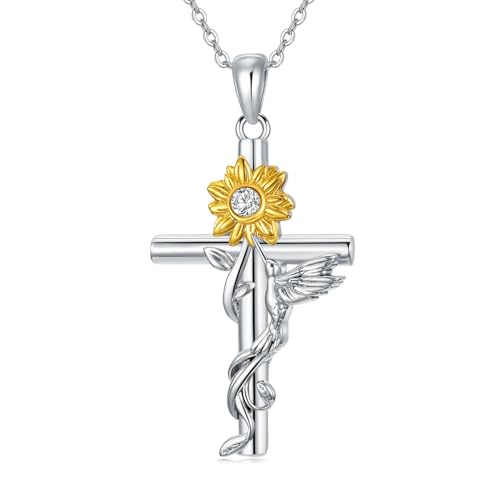 VONALA Kolibri Kreuz Halskette 925 Sterling Silber Sonnenblume Kreuz Anhänger Kette mit Cubic Zirkonia Glaube Schmuck Religiöser Geschenke für Frauen Damen Freundin Frau von VONALA