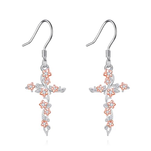 VONALA Kreuz Ohrringe 925 Sterling Silber Rosa Blume Kreuz Dangle Ohrringe Schmuck Geschenke für Frauen von VONALA
