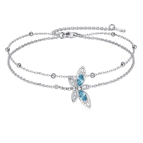 VONALA Libelle Fußkettchen 925 Sterling Silber Blaue Libelle Geschenke Schmuck mit Kristall Geburtstags Geschenke für Frauen Mädchen (Libelle Meer Blau) von VONALA