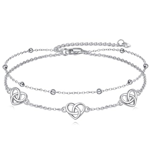 VONALA Liebe Keltischer Knoten Fußkettchen für Damen 925 Sterling Silber Double Layered Chain Beach Fußkettchen Zierlicher Fußschmuck von VONALA