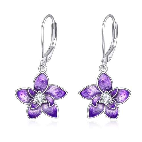 VONALA Lila Orchidee 925 Sterling Silber Leverback Ohrringe mit Geburt Blume Ohrringe mit weißem Zirkon Schmuck Geschenk für Frauen Geburtstag Weihnachten von VONALA