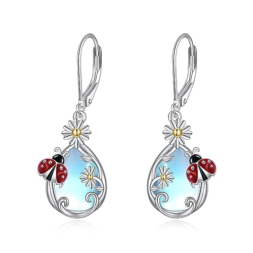 VONALA Marienkäfer Gänseblümchen Mondstein Ohrringe Damen Blume 925 Sterling Silber Leverback Baumeln Tropfen Ohrringe Schmuck Geburtstag Geschenke für Sie Mädchen Mutter (Marienkäfer) von VONALA