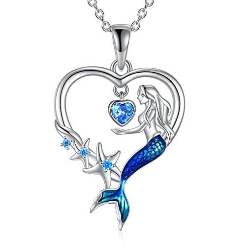 VONALA Meerjungfrau Halskette 925 Sterling Silber Blau Meerjungfrau Seestern Anhänger Kette Ozean Schmuck Geschenke für Damen Frauen Mädchen von VONALA