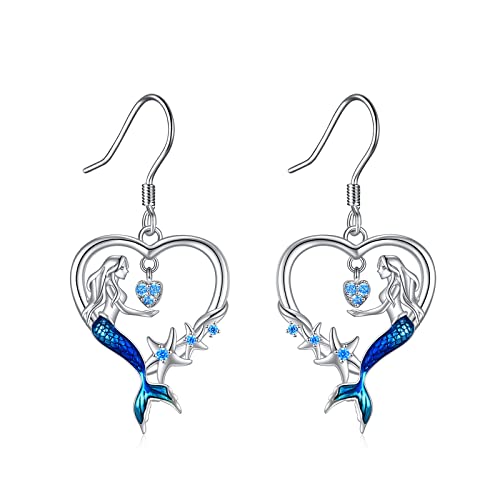 VONALA Meerjungfrau Ohrringe 925 Sterling Silber - Herz Seestern Kleine Meerjungfrau Baumeln Ohrringe - Meerschmuck Geschenk für Damen von VONALA
