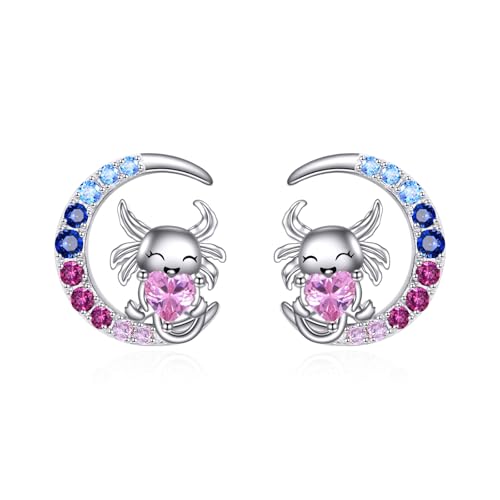 VONALA Mond Mädchen Ohrringe Axolotl 925 Sterling Silber Taufe Kommunion Geschenk Schmuck mit Rosa Zirkonia für Damen Mädchen Kinder (Axolotl) von VONALA