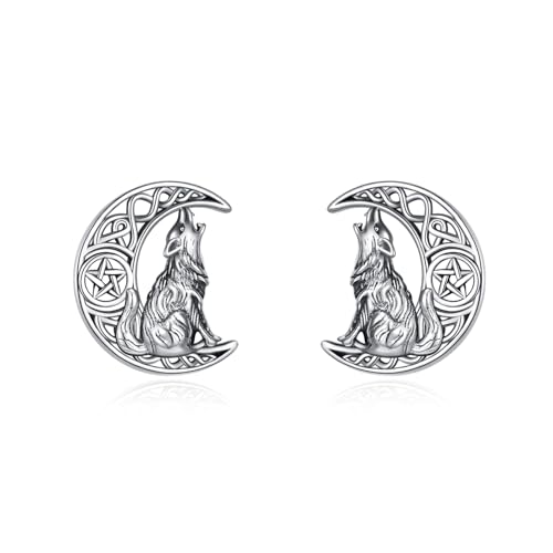 VONALA Mond Wolf Ohrstecker für Frauen Sterling Silber Keltischer Knoten Wolf Ohrringe Wolf für niedliche Tier Ohrringe Schmuck von VONALA