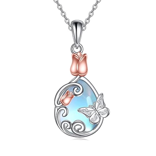 VONALA Mondstein Halskette Damen 925 Sterling Silber Schmetterling Rose Anhänger Kette Tier Schmuck Geburtstag Weihnachten Geschenke für Frauen Sie Mama Mädchen von VONALA