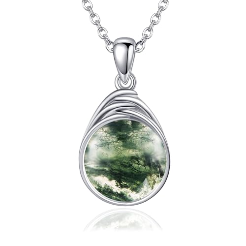 VONALA Moosachat Ketten Damen Sterling Silber Runde Edelstein Anhänger Teardrop Anhänger Moosachat Schmuck für Damen Mädchen von VONALA