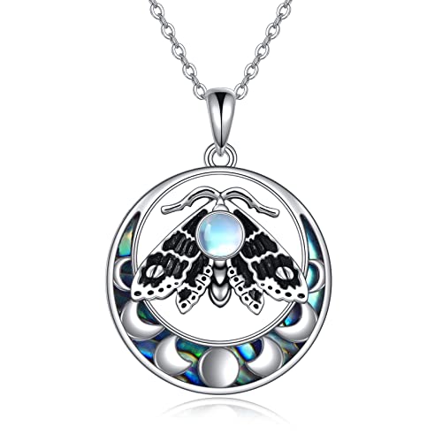 VONALA Motte Halskette 925 Sterling Silber Mondphasen Anhänger Mondstein Motten Kette Gothic Hexen Schmuck Geschenk für Damen Frauen Männer von VONALA