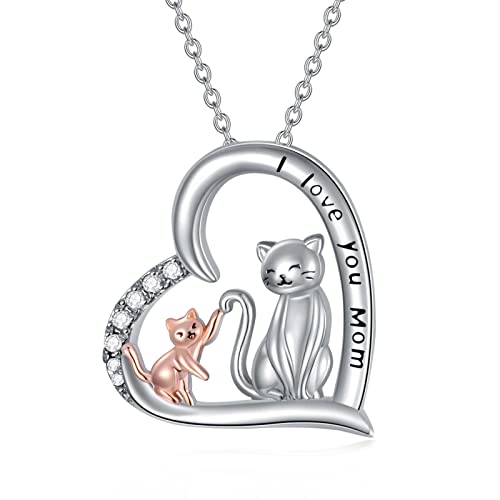 VONALA Mutter Halskette 925 Sterling Silber Schwein/Katze/Dinosaurier/Bär/Ente/Delphin/Elefant Mutter Anhänger Halskette Muttertag Schmuck Geschenke für Damen Tochter (Katze) von VONALA