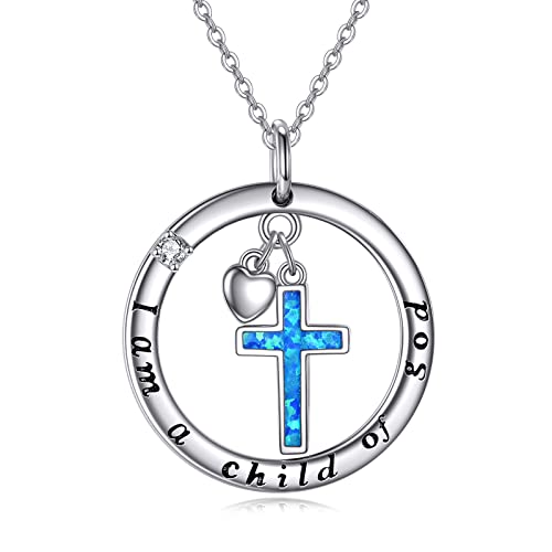 VONALA Opal Kreuz Halskette 925 Sterling Silber anhänger Kette Schmuck Kommunion Geschenke für Damen Mädchen - I am a child of god (Opal Kreuz Halskette) von VONALA