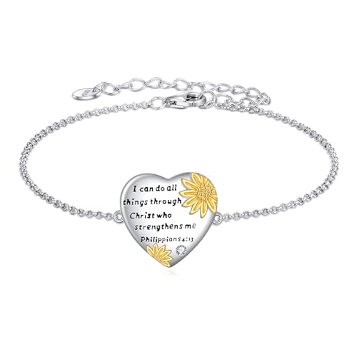 VONALA Philipper 4:13 Armband Sterling Silber Sonnenblume Herz Einstellbare Ich kann alle Dinge tun Armband für Frauen Armband von VONALA