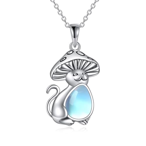 VONALA Pilz Hut auf Katze Halskette Mondstein Sterling Silber Anhänger Halskette Schmuck Geschenke für Katzenliebhaber Frauen Mädchen von VONALA