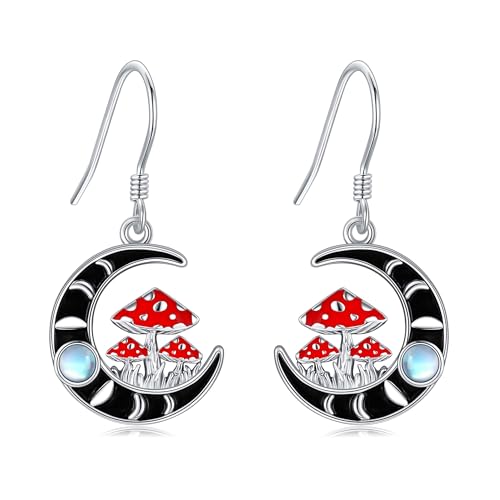 VONALA Mond Pilz Ohrringe Damen 925 Sterling Silber Mondstein Hängeohrringe Rot Pilz Mondphasen Schmuck Geschenk von VONALA