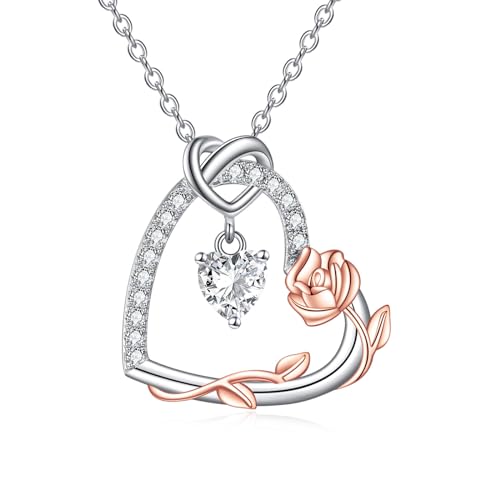 VONALA Rose Blume Halskette Damen 925 Sterling Silber Liebesherz Anhänger Kette mit 5A Zirkonia Schmuck Valentinstag Weihnachten Geburtstag Geschenke für ihre Freundin Ehefrau Mutter Tochter von VONALA