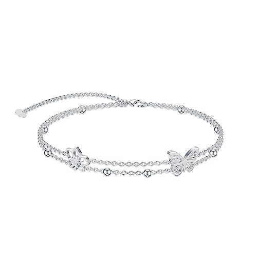 VONALA Schmetterling Fußkettchen 925 Sterling Silber Schmetterling Doppelschichtige Kette Fußkettchen Sommer Strand Zierlicher Schmuck Geschenke für Mädchen Damen von VONALA