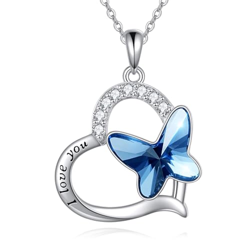 VONALA Schmetterling Herz Halskette mit Kristallen 925 Sterling Silber I Love You Anhänger Schmuck Geschenke Valentinstag Weihnachten für Frauen Mädchen Tochter von VONALA