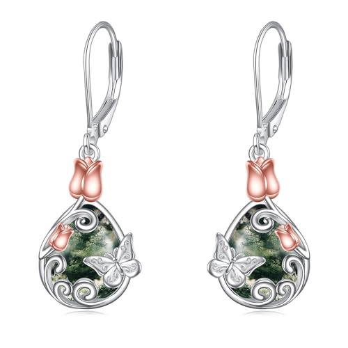 Mondstein Ohrringe 925 Sterling Silber Schmetterling/Libelle/Biene Blume Leverback Baumeln Tropfen Ohrringe Schmuck Geburtstag Geschenke für Damen Mädchen ﻿ (Schmetterling Achat) von VONALA