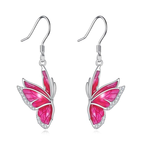 VONALA Schmetterlingsohrringe für Damen, 925er Sterlingsilber, baumelnde Tropfenohrringe, leicht, zierlicher rosa Schmetterlingsschmuck, Geschenke für Frauen, Familie, Freunde von VONALA