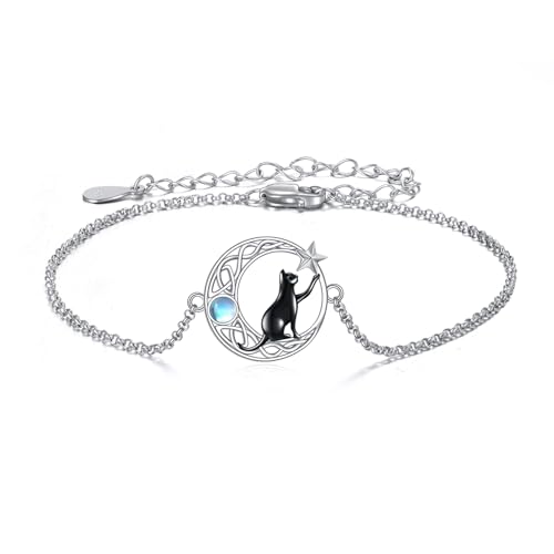VONALA Schwarze Katze Armband Damen 925 Sterling Silber Katzen keltischem Knoten Mond Tier Armbänder Schmuck Geburtstag Valentinstag Geschenke für Sie Frauen Freundin Mutter Länge 7"+2" Verstellbare von VONALA