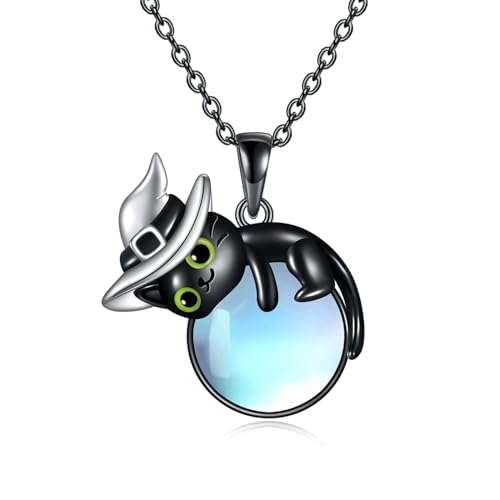 VONALA Schwarze Katze Halskette 925 Sterling Silber Katzen Anhänger Kette mit Mondstein Schmuck Geburtstag Geschenke für Damen Frauen Mädchen von VONALA