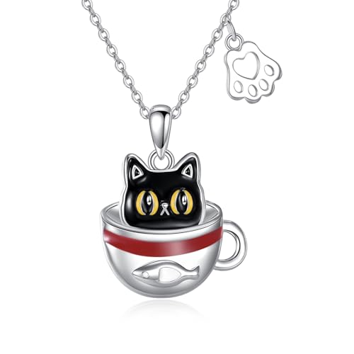 VONALA Schwarze Katze in Teetasse Halskette – Süßer 925er Sterling Silber Tieranhänger für Damen, Kawaii Cartoon Schmuck Geschenk von VONALA