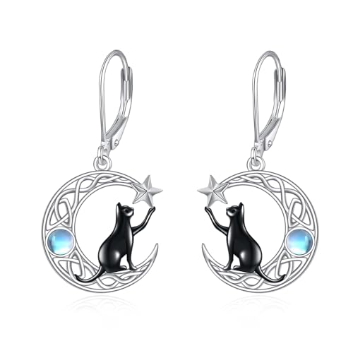 VONALA Schwarze Katzen Ohrringe Sterling Silber Keltischen Knoten Mond Katze Baumeln Tropfen Mondstein Leverback Ohrringe Tierschmuck Geburtstag Geschenke für Damen Frauen Mutter Frau Mädchen von VONALA