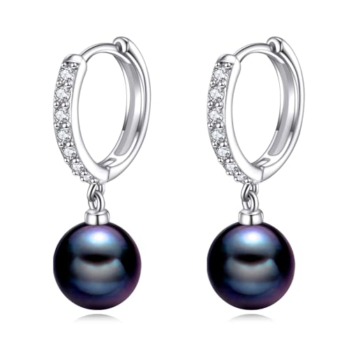 VONALA Schwarze Perle Ohrringe Sterling Silber, Hängend Creolen Ohrringe Schmuck Geschenke für Damen und Mädchen (Schwarze Perle-CZ) von VONALA