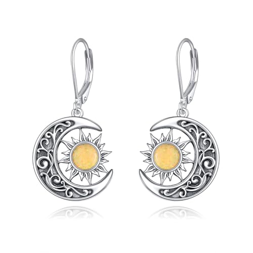VONALA Sonne und Mond Ohrringe, 925er-Sterlingsilber, Halbmond-Ohrhänger, himmlische Sonne und Mond, Schmuck, Geschenk für Damen/Freunde/Familie, 33 x 15,2 mm, Gelb Opal-Ohrringe von VONALA