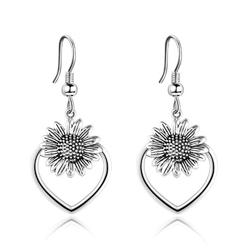 VONALA Sonnenblume Ohrringe 925 Sterling Silber Herz Sonnenblume Baumel Ohrringe Oxidierte Ohrringe für Deman Mädchen von VONALA