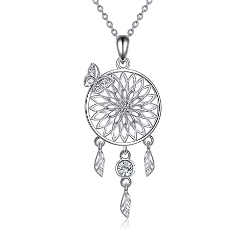 VONALA Traumfänger Halskette 925 Sterling Silber Sonnenblume Traumfänger Anhänger Halskette Feder Halskette Traumfänger Schmuck Geschenke für Frauen Ehefrau Mama von VONALA