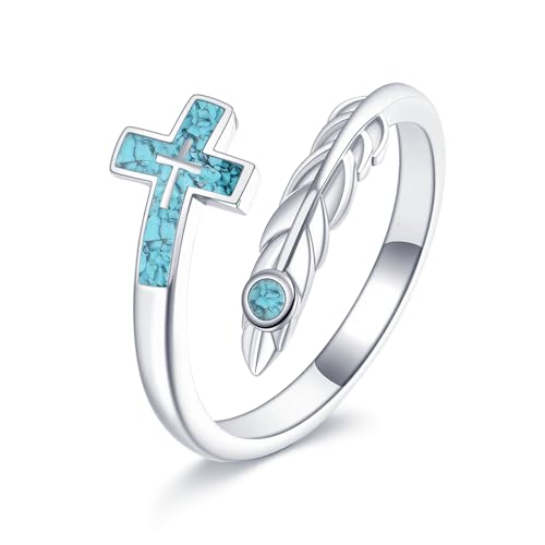 VONALA Türkis Farbene Ring 925 Sterling Silber Verstellbarer Ring Western Daumen Ring Vintage Schmuck Geschenke für Frauen und Mütter(Kreuz Federn) von VONALA