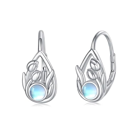 VONALA Tulip Hoop Huggie Earrings 925 Sterling Silver Moonstone Tulip Flower Hoop Earrings for Women Girls von VONALA